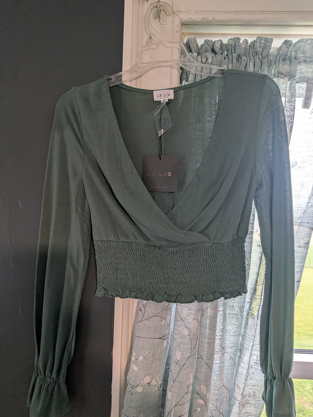 Le Lis Forest Green Long Sleeve Smocked Wrap Crop Top